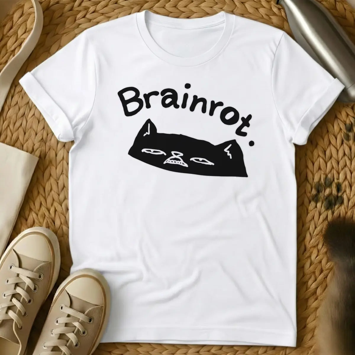 White - Text "Brainrot." in a quirky, handwritten font above a black cat's head with a grumpy expression, narrow eyes, and small fangs visible.