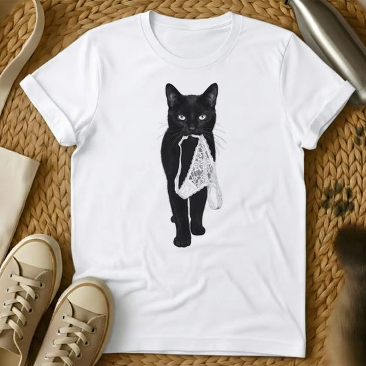 White - Black cat holding white lace panties in its mouth.