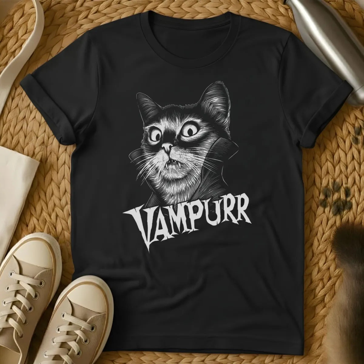 Black - Gray t-shirt with black ink engraving of a wide-eyed fanged cat in a vampire cape collar above the text VAMPURR