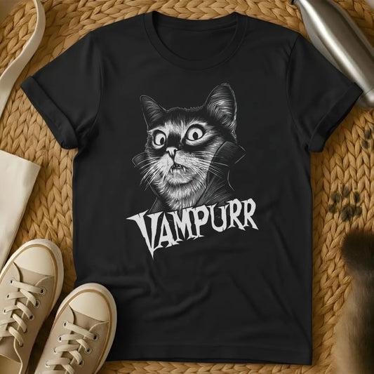 Black - Gray t-shirt with black ink engraving of a wide-eyed fanged cat in a vampire cape collar above the text VAMPURR