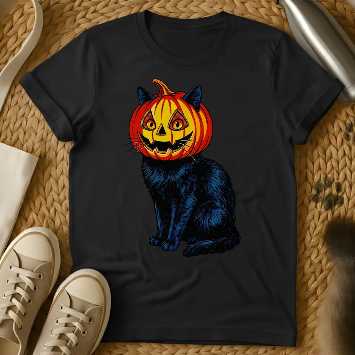 Black - Black cat wearing a carved jack-o'-lantern pumpkin head with yellow face and blue ears on sage green t-shirt