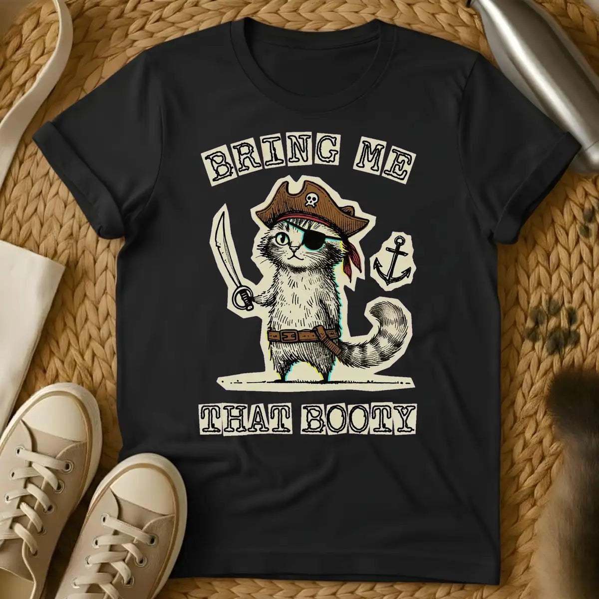 Black - Green t-shirt with a pirate cat in tricorn hat and eye patch holding a cutlass, text reads Bring Me That Booty