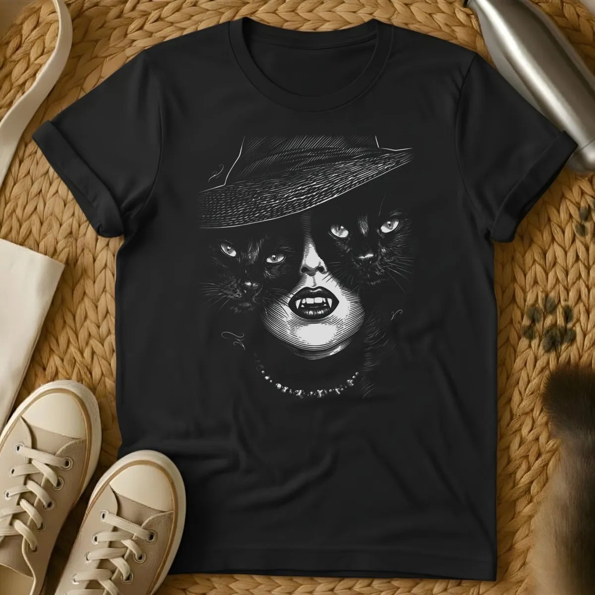 Black - Navy t-shirt with surreal black and white illustration of a face wearing a wide-brimmed hat with two cat faces, featuring bold lips and a pearl neckla