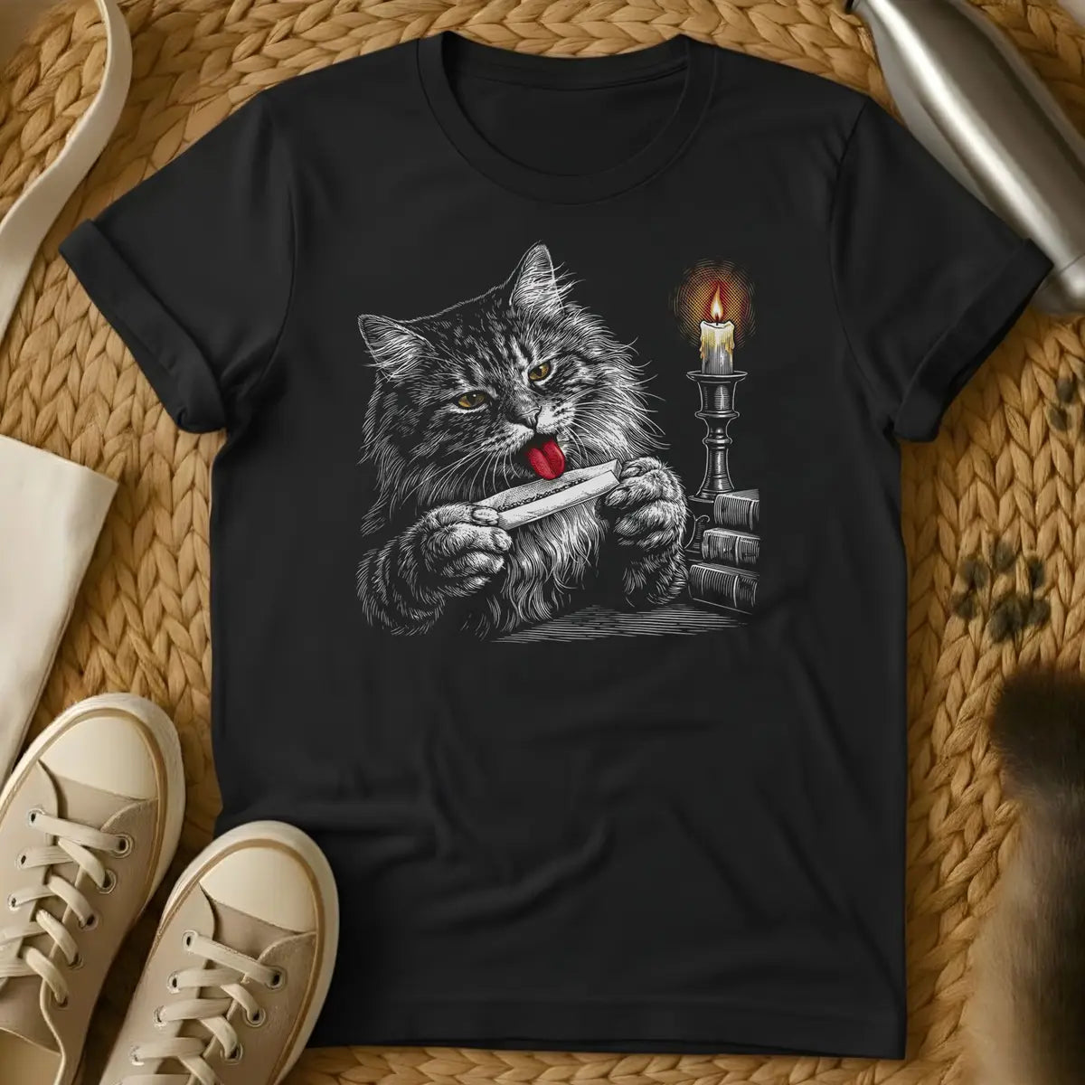 Black - Dark heather t-shirt with engraved fluffy cat licking a rolled joint held in both paws beside a lit candlestick and stack of books