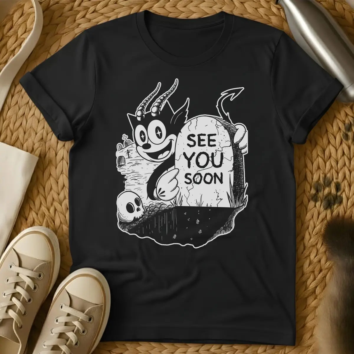 Black - Gray t-shirt with black cartoon demon character and "See You Soon" text in vintage horror illustration style