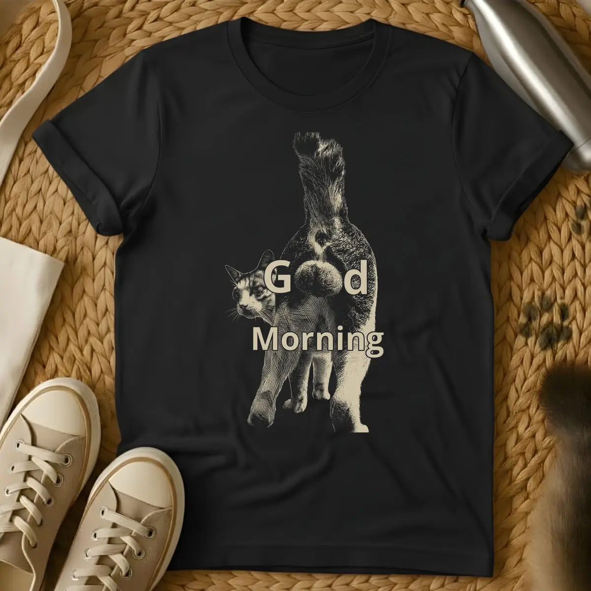 Black - Dark gray t-shirt with "Good Morning" text overlaid on an engraved-style illustration of two squirrels standing upright together.