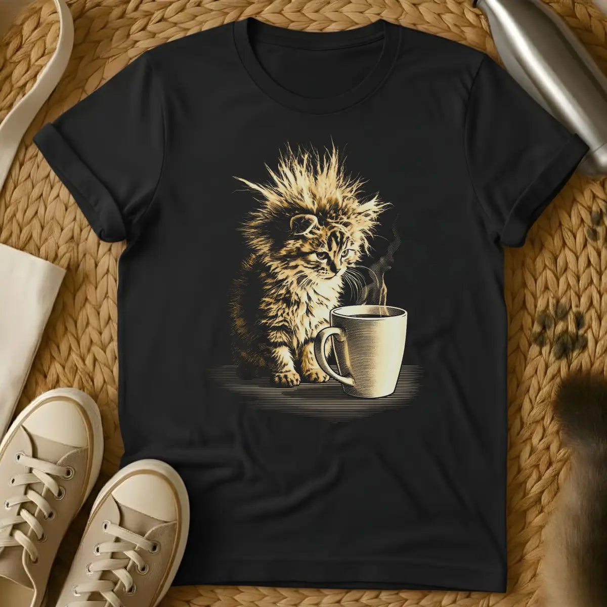 Black - Fluffy kitten with spiky hair sitting next to a coffee mug, gold illustration on dark gray t-shirt