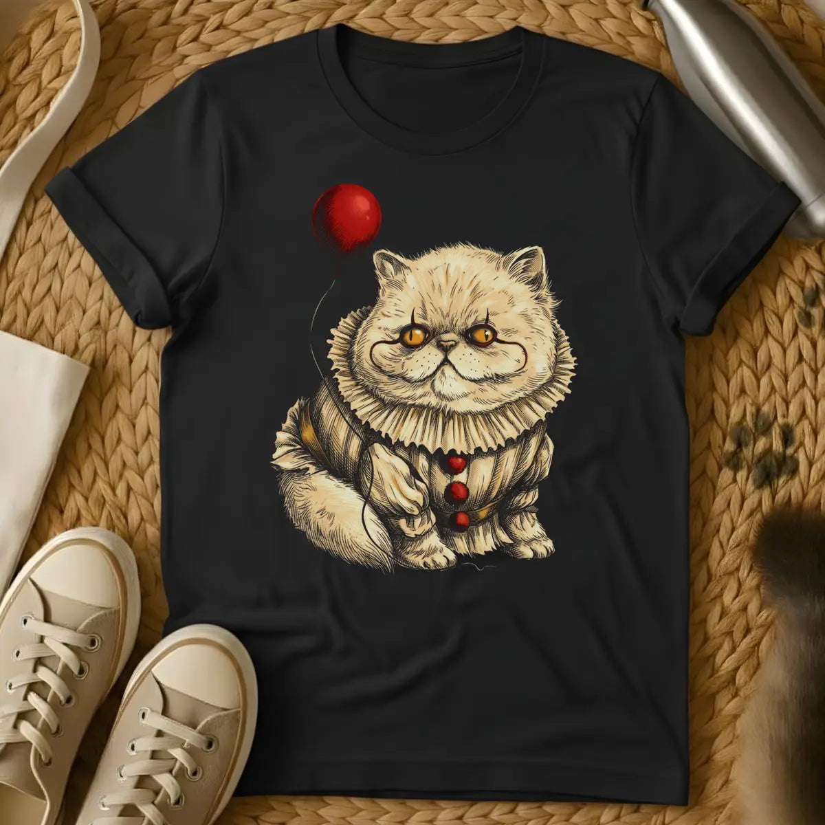 Black - Fluffy white cat with golden eyes wearing a collar, with a red balloon above, on dark brown t-shirt