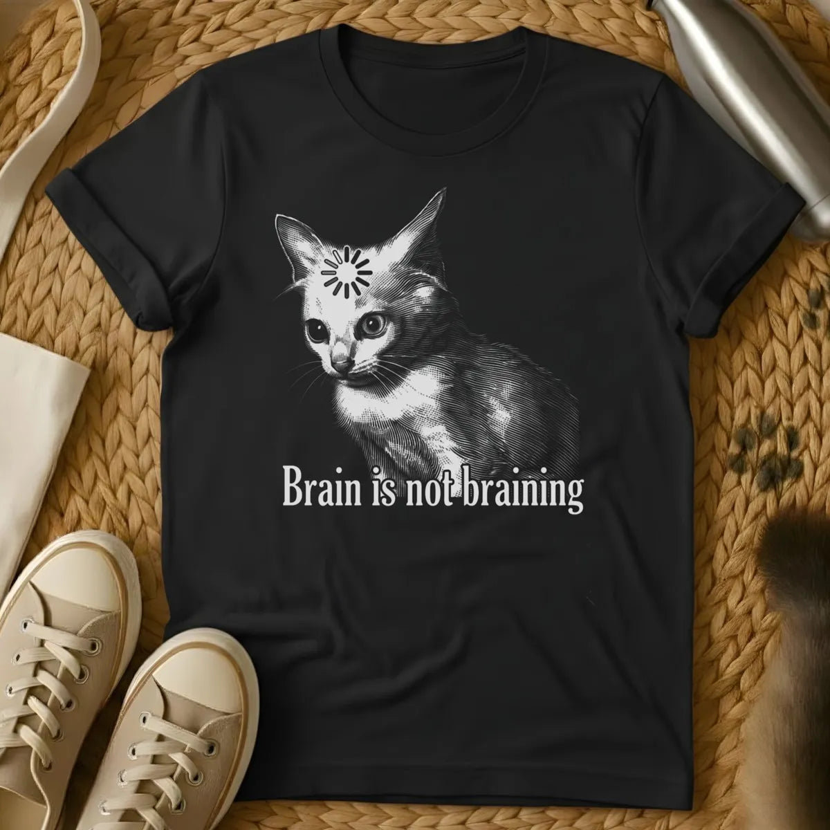 Black - Dark heather grey t-shirt with vintage engraving cat featuring a loading spinner on its forehead and text Brain is not braining
