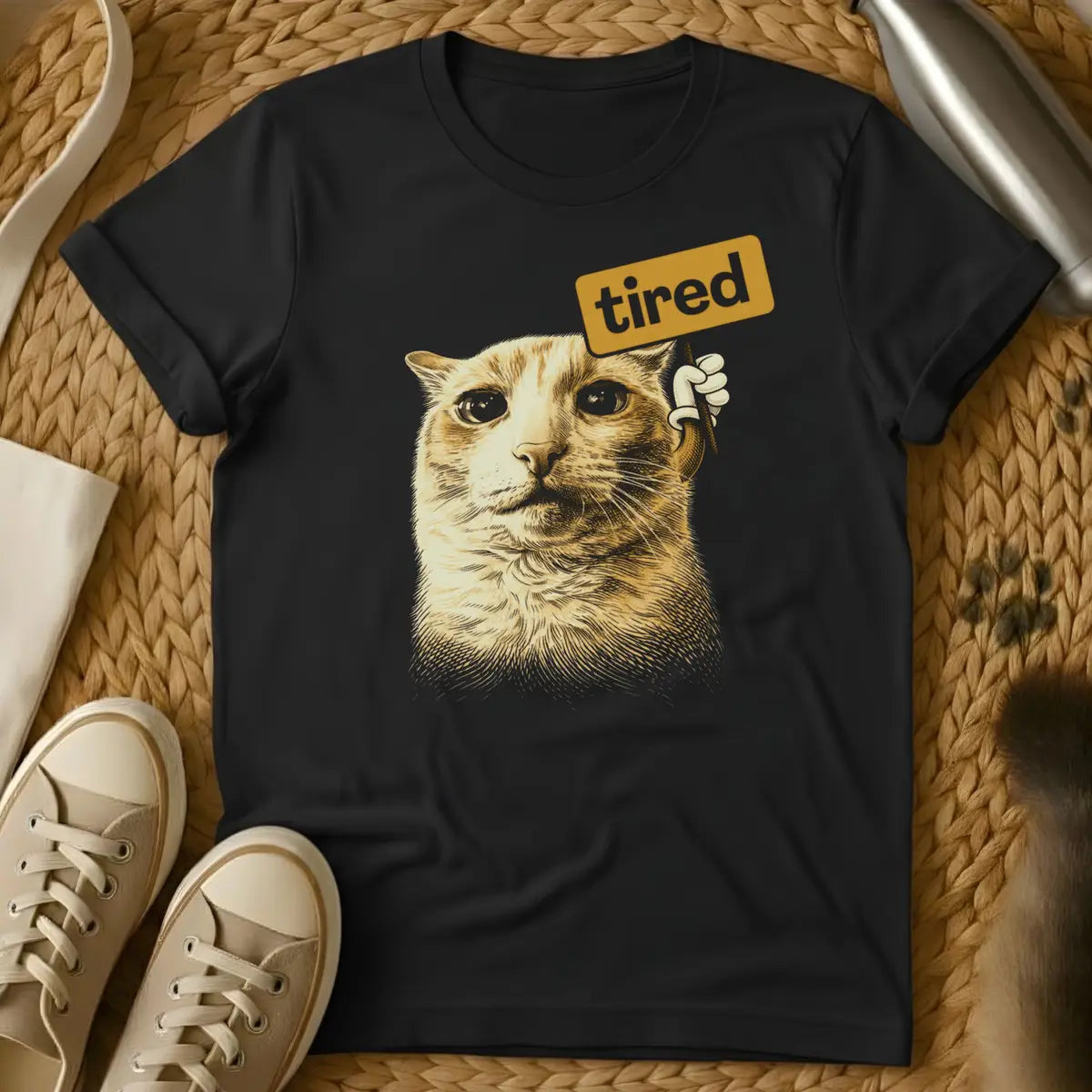 Black - Dark grey t-shirt with sepia engraving-style cat holding a golden sign reading tired in a cartoon hand