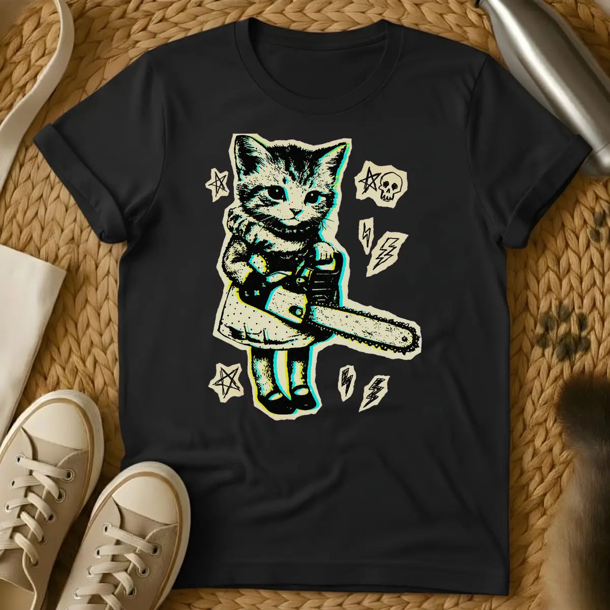 Black - Military green t-shirt with a neon retro print of a kitten in boots holding a chainsaw surrounded by skulls pentagrams and lightning bolts