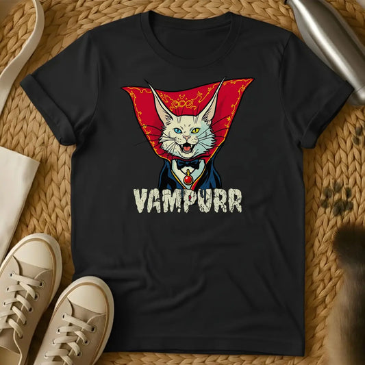 Black - Dark gray t-shirt featuring a vampire cat illustration with red cape, blue eyes, and fangs, with "VAMPURR" text below.
