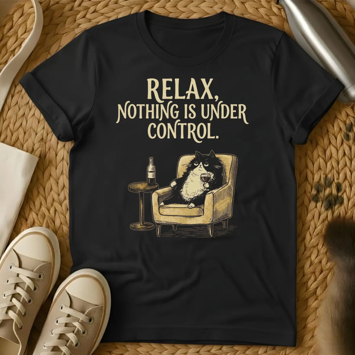 Black - Dark gray t-shirt with cream text reading "RELAX, NOTHING IS UNDER CONTROL" and illustration of a cat in an armchair holding a wine glass