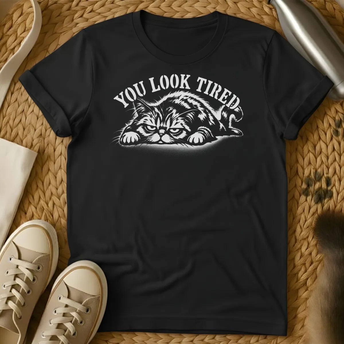 Black - Dark heather grey t-shirt with a grumpy lounging cat woodcut illustration and arched text reading You Look Tired