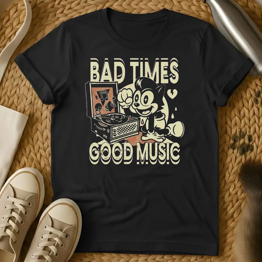 Black - Dark gray t-shirt with vintage cartoon character DJ design, text reads "BAD TIMES GOOD MUSIC" with turntable graphic.