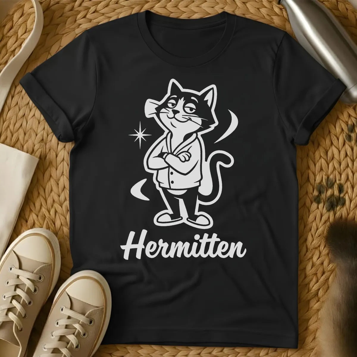 Black - Black t-shirt with retro cartoon smug cat in button-up shirt, arms crossed, tail curled, sparkle accent, script text Hermitten below