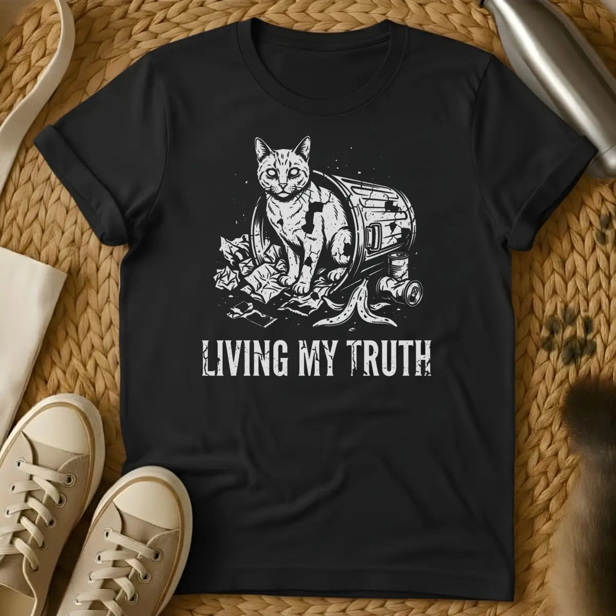 Black - Dark gray t-shirt featuring a cat in a trash can with "LIVING MY TRUTH" text, illustrated in white line art style.