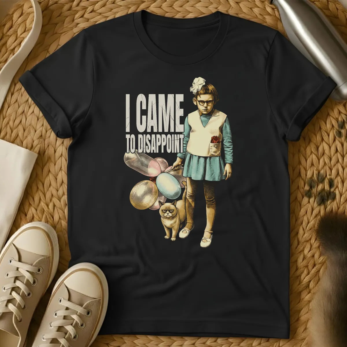Black - Dark gray t-shirt with vintage-style illustration of a girl holding tennis rackets and a grumpy cat, text reading "I CAME TO DISAPPOINT