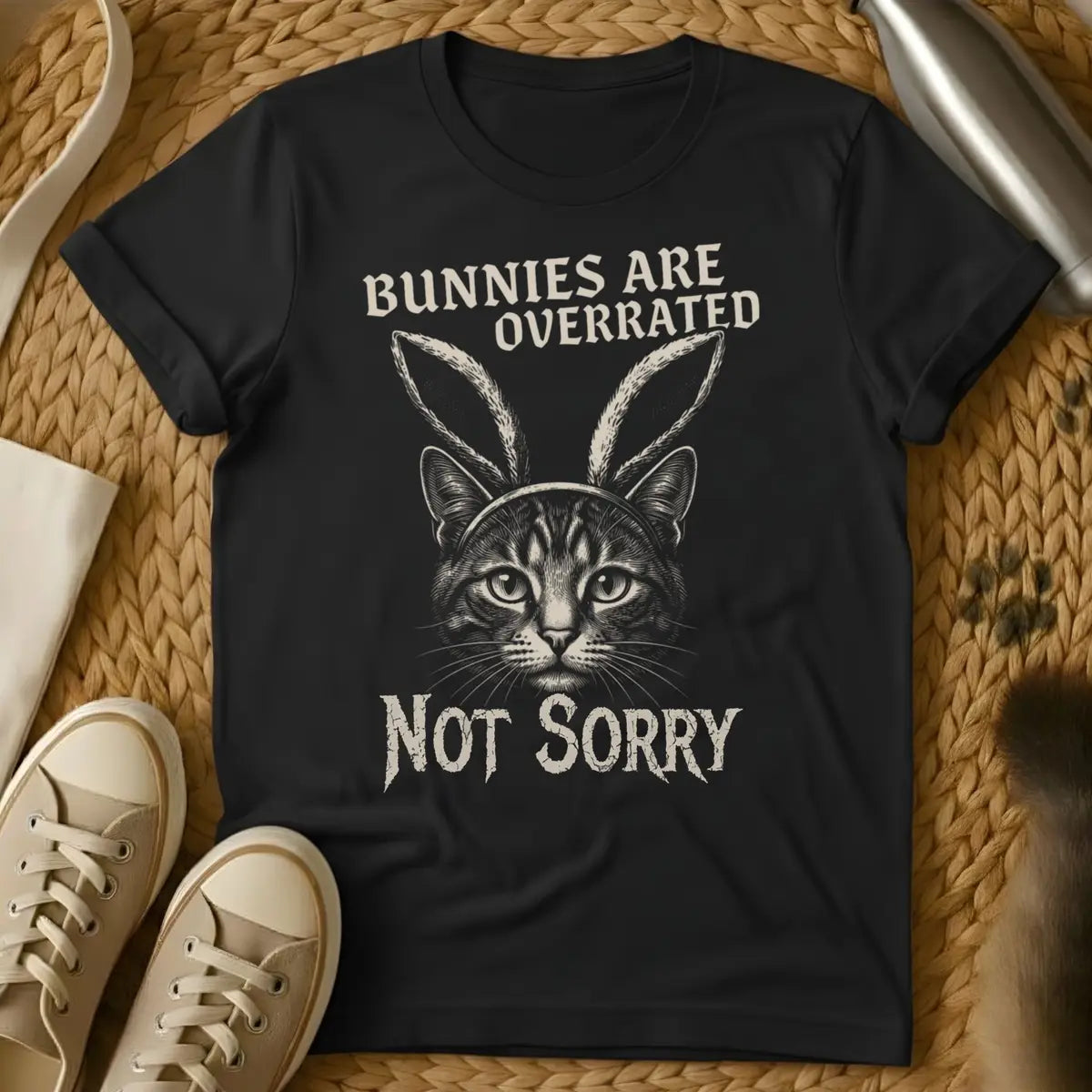 Black - Forest green t-shirt with a stern engraved tabby cat wearing bunny ears and gothic text reading Bunnies Are Overrated Not Sorry