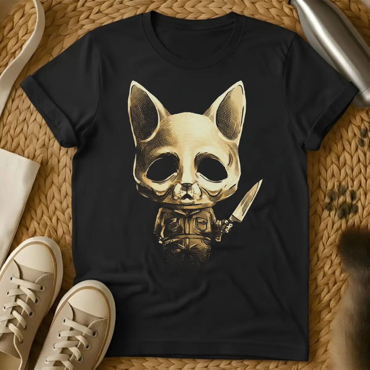 Black - Dark grey t-shirt with a golden engraving of a skeletal cat skull in a utility jacket holding a large knife