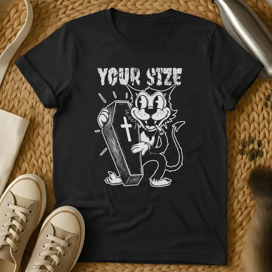 Black - Navy blue t-shirt with white graphic of cartoon cat holding coffin with cross, text reads "YOUR SIZE" in distressed font style