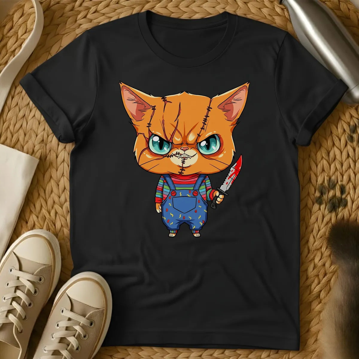Black - Olive green t-shirt with a chibi scarred orange tabby cat in striped shirt and overalls holding a bloody knife