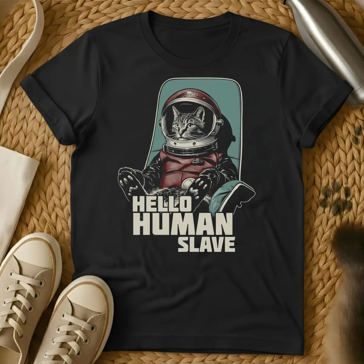 Black - Dark gray t-shirt with a retro illustrated tabby cat in a red astronaut spacesuit and helmet with text Hello Human Slave