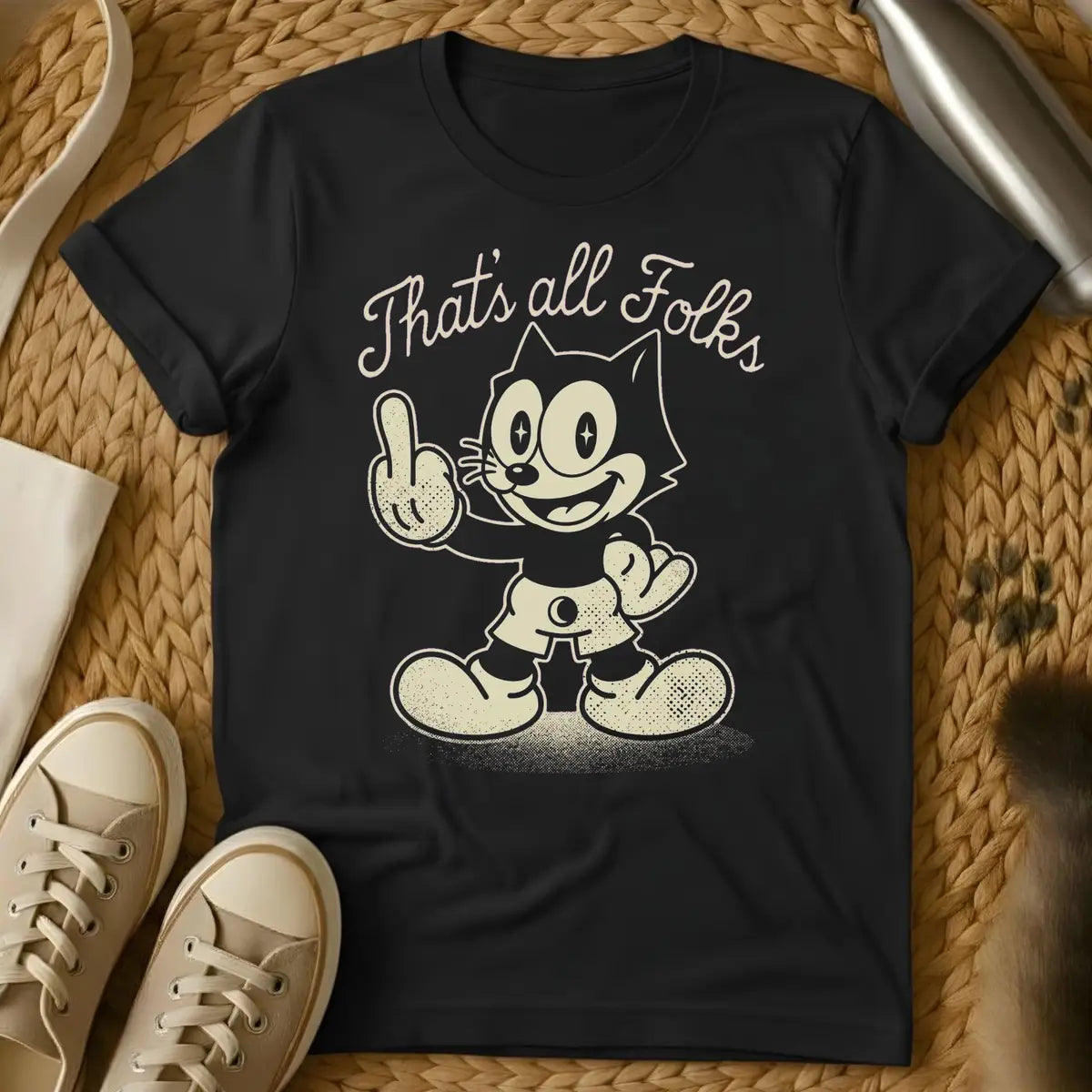 Black - Gray t-shirt with a vintage rubber-hose cartoon cat giving the middle finger under the script text That's all Folks