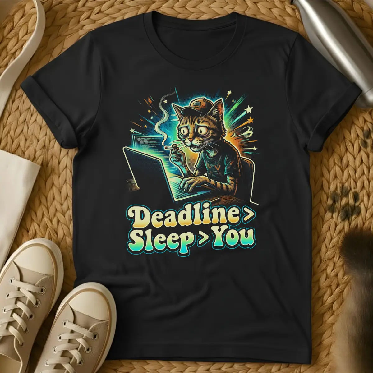 Black - Gray t-shirt featuring a colorful cartoon cat at a laptop with "Deadline > Sleep > You" text and neon glow effects