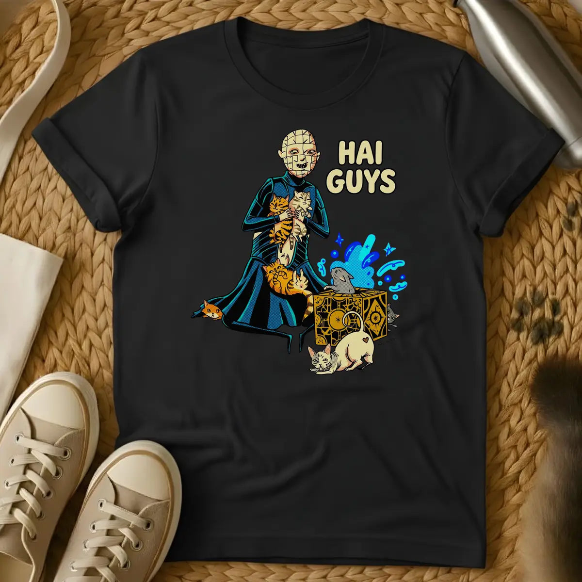 Black - Olive green t-shirt featuring an illustrated character holding cats with magical effects and "HAI GUYS" text in anime style.