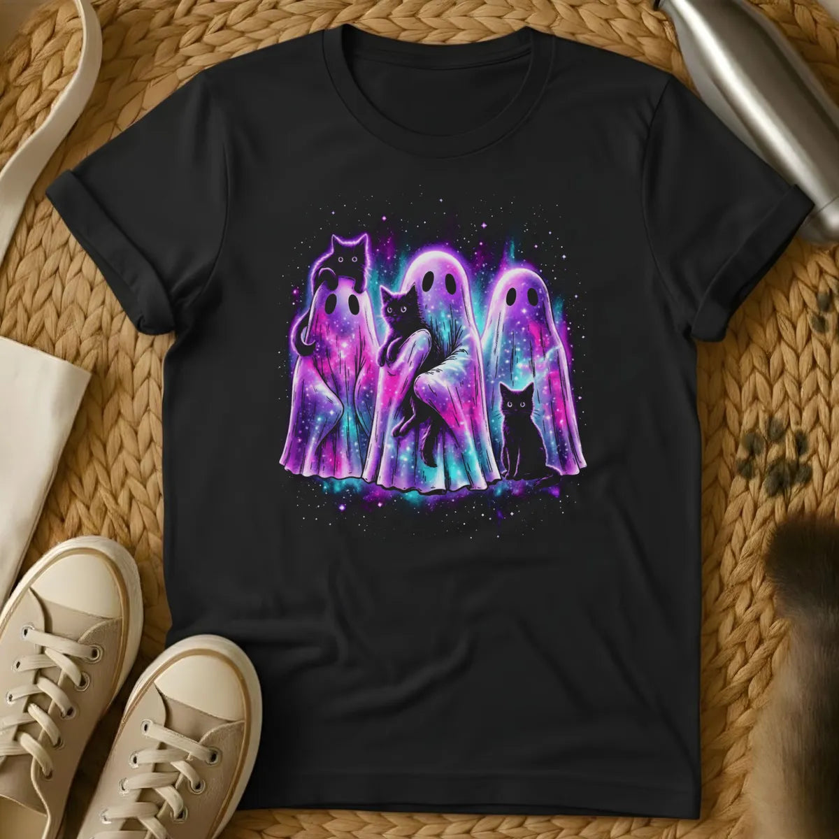 Black - Black t-shirt with neon glowing ghosts and black cats in purple and cyan galaxy colors on a dark starry background