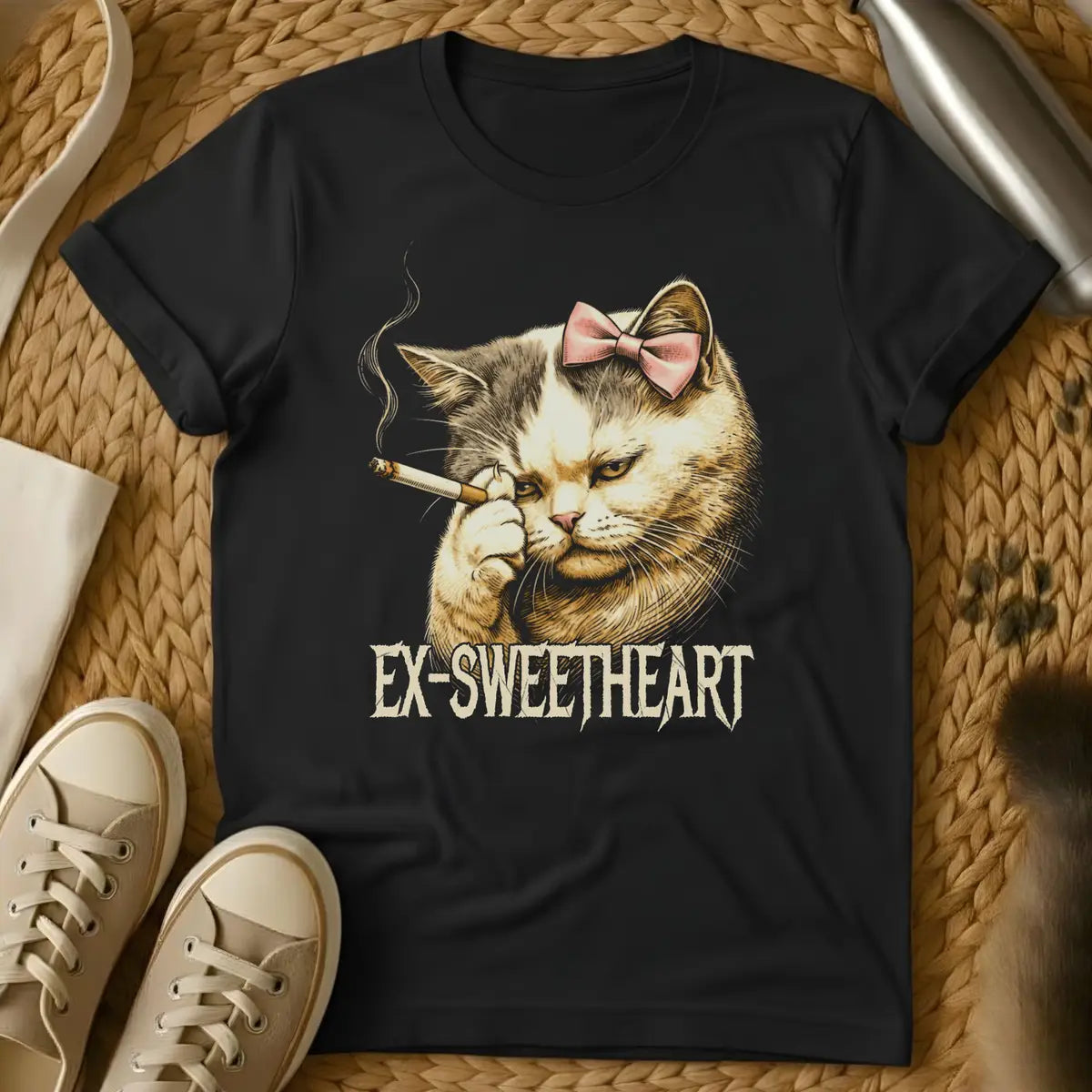 Black - Gray t-shirt featuring an illustrated cat with a pink bow smoking a cigarette, text reading "EX-SWEETHEART" below.