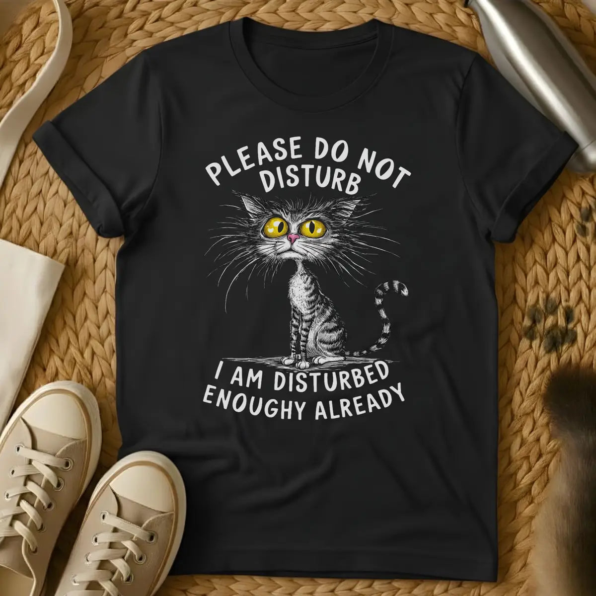 Black - Dark heather grey t-shirt with a sketchy wild-eyed tabby cat and humorous do not disturb slogan text