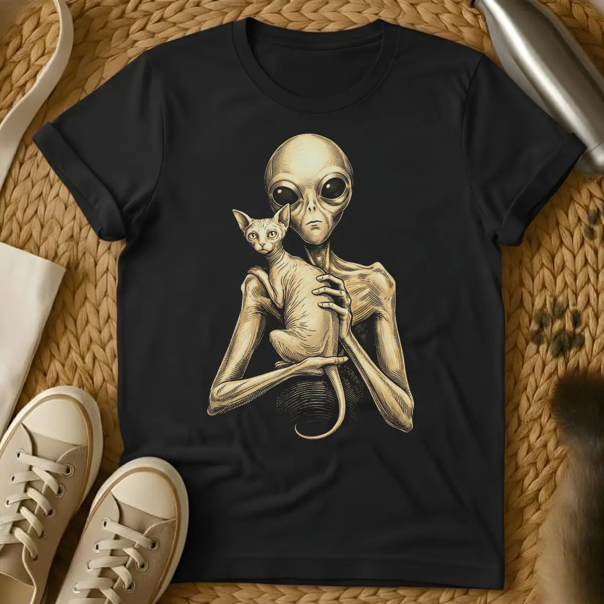 Black - Dark gray t-shirt with sepia engraving of a gray alien holding a hairless Sphynx cat against its chest