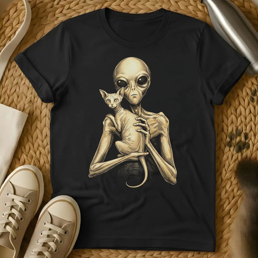 Black - Dark gray t-shirt with sepia engraving of a gray alien holding a hairless Sphynx cat against its chest