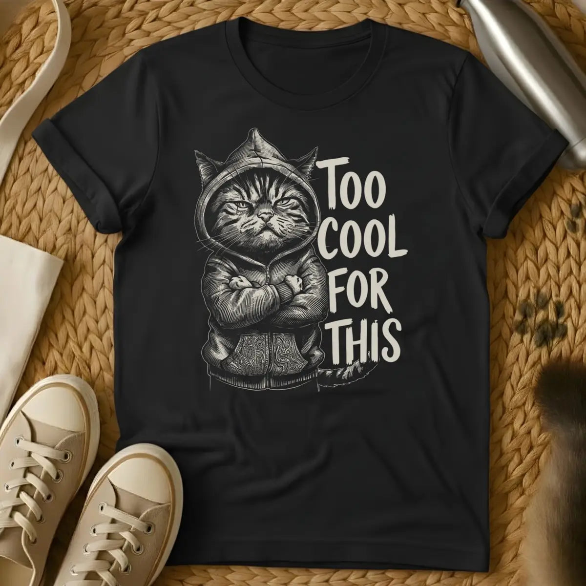 Black - Dark grey t-shirt with a sketch of a grumpy hooded cat arms crossed beside text reading Too Cool For This