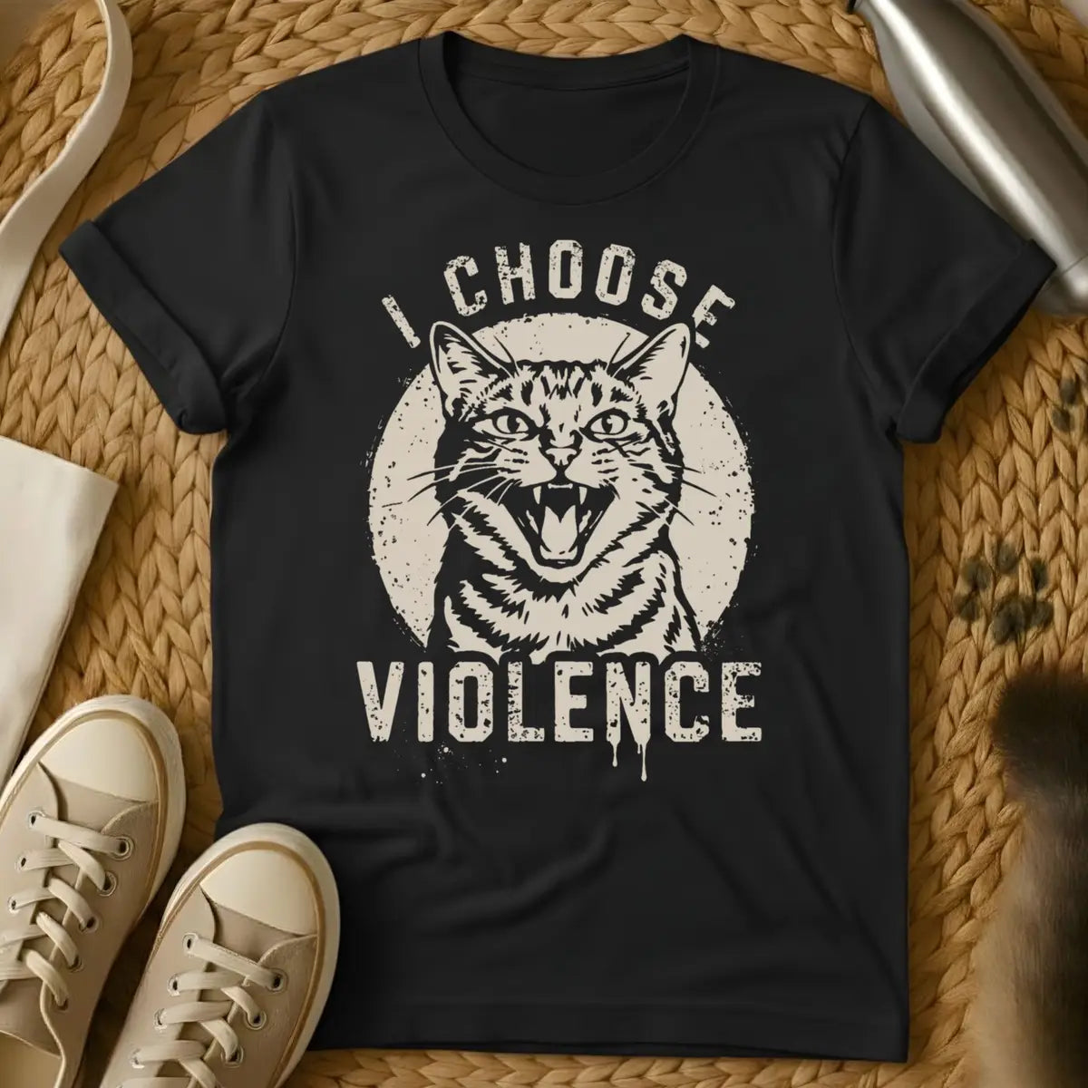 Black - Maroon unisex t-shirt with a hissing angry cat face and bold text reading I Choose Violence in vintage cream print