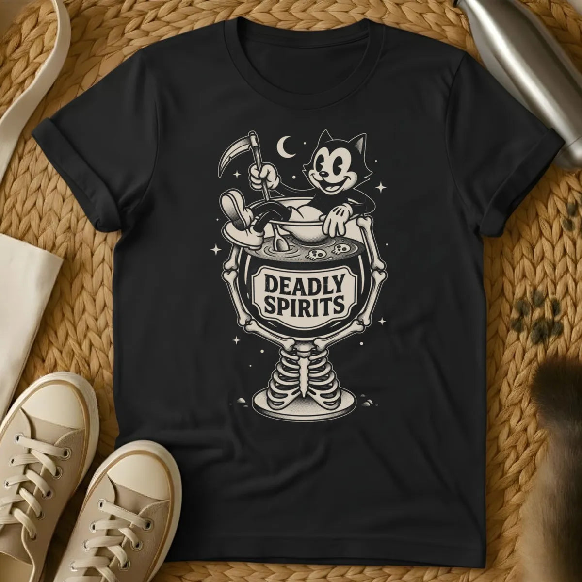 Black - Dark heather t-shirt with vintage cartoon cat in a skeleton goblet holding a scythe labeled Deadly Spirits retro Halloween design