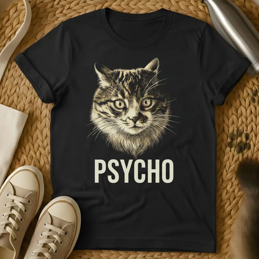 Black - Dark heather grey t-shirt with vintage engraving-style intense tabby cat face and bold PSYCHO text beneath