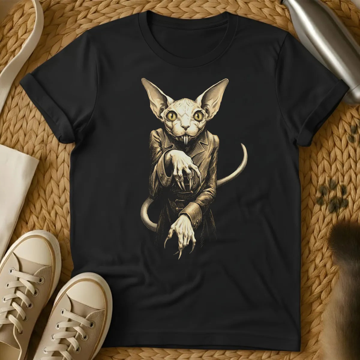 Black - Dark gray t-shirt with tan and cream illustration of a hairless Sphynx cat wearing clothes, displayed flat on woven background with sneakers