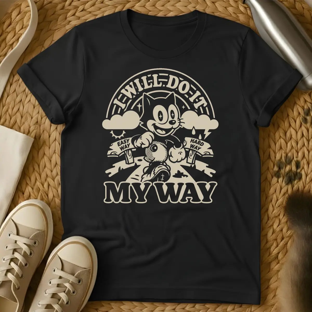Black - Navy t-shirt with vintage rubber-hose cartoon cat striding forward holding a bag, flanked by Easy Way and Hard Way banners, text reads I Will Do It My