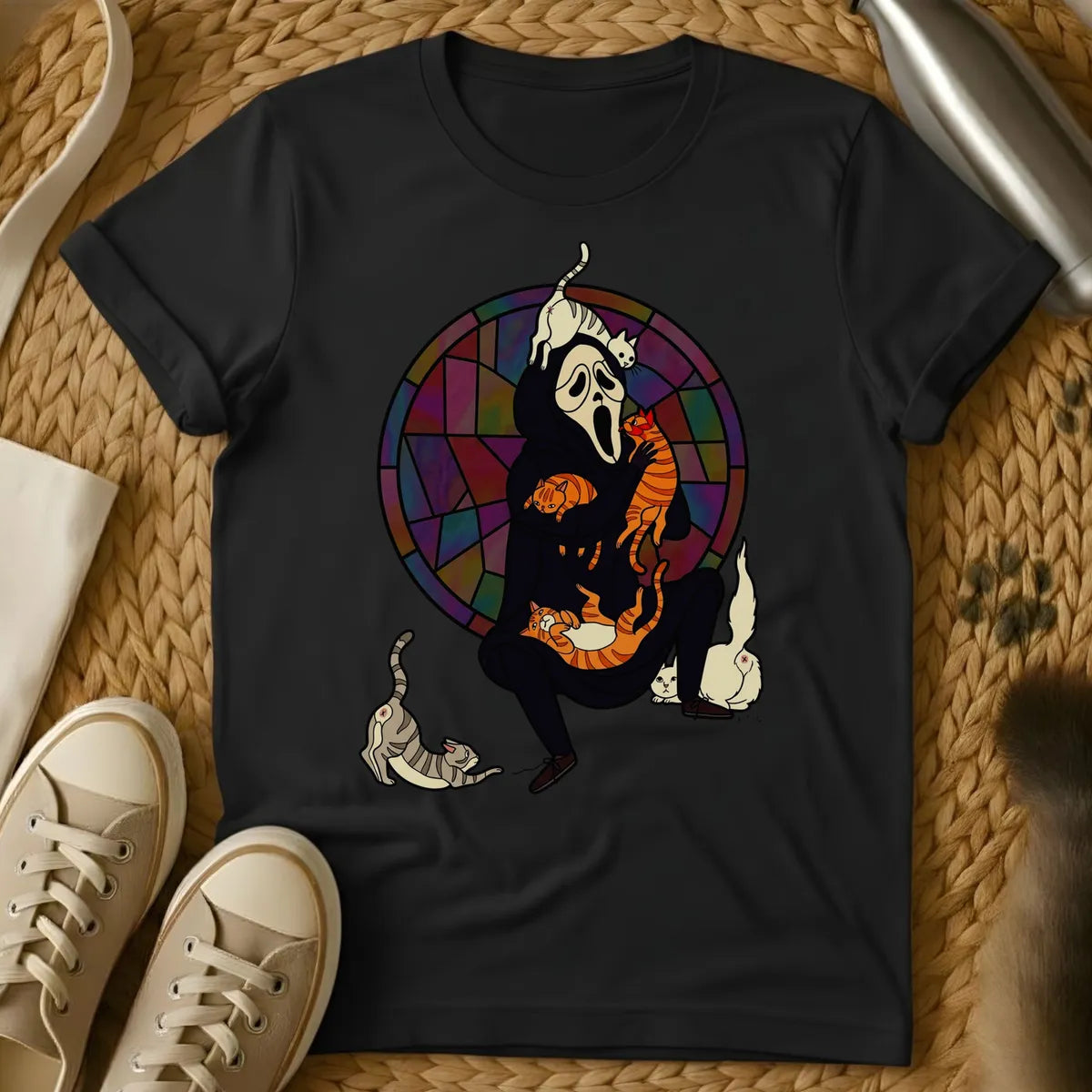 Black - Ghost character with orange striped cats on sage green t-shirt, stained glass background design