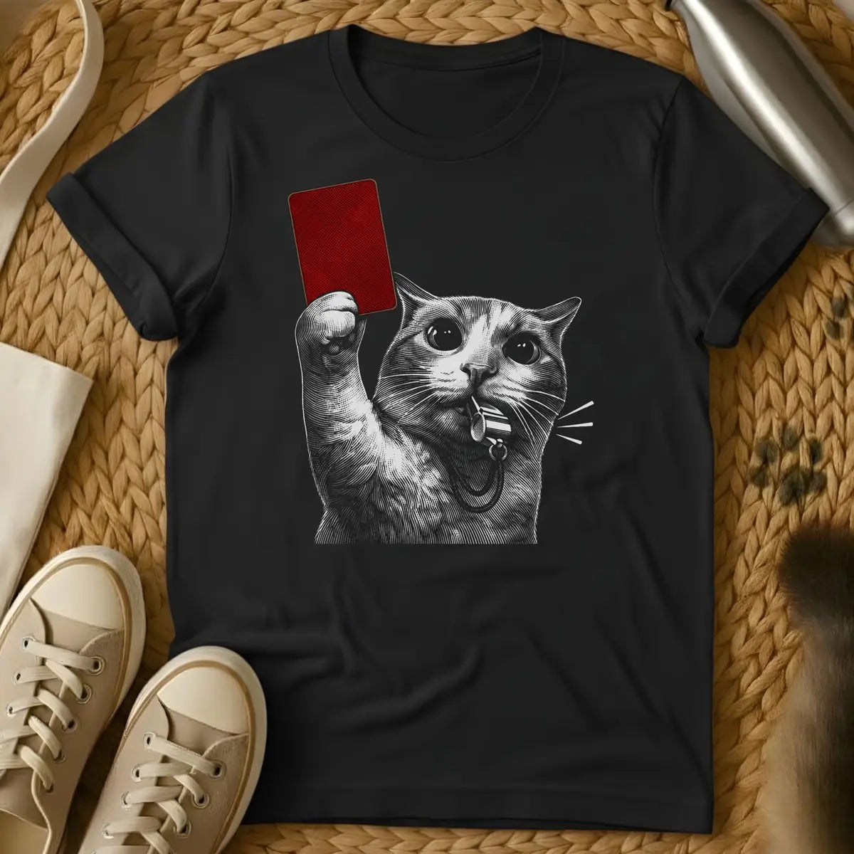 Black - Dark heather t-shirt with an engraving-style cat blowing a whistle and holding up a red card like a soccer referee