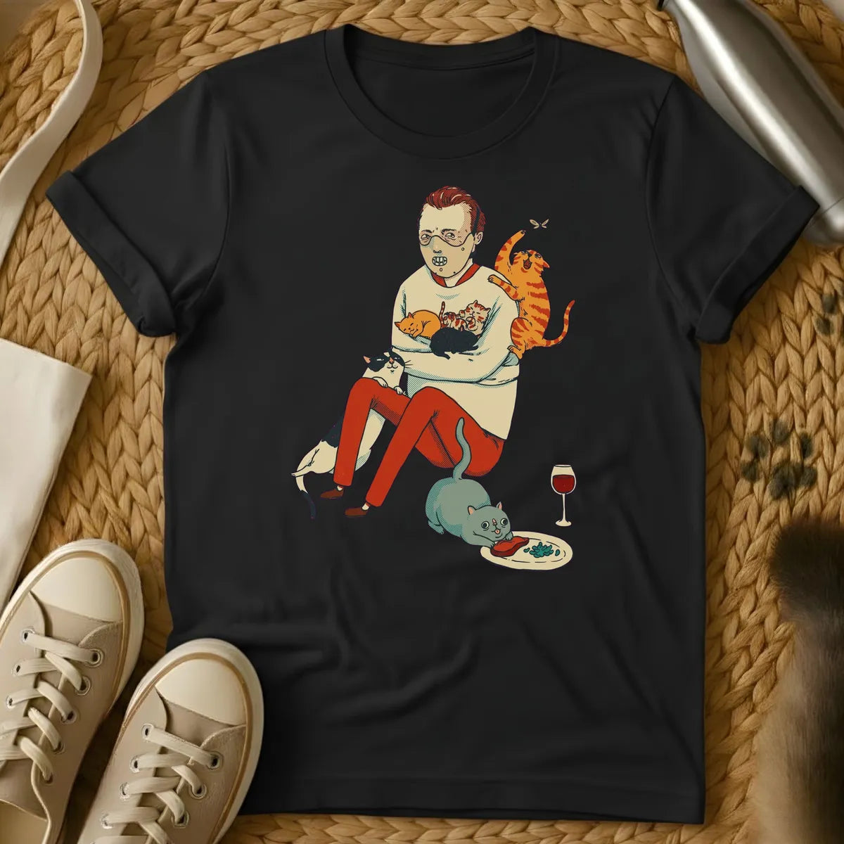 Black - Man surrounded by multiple cats in humorous illustration style on olive green t-shirt