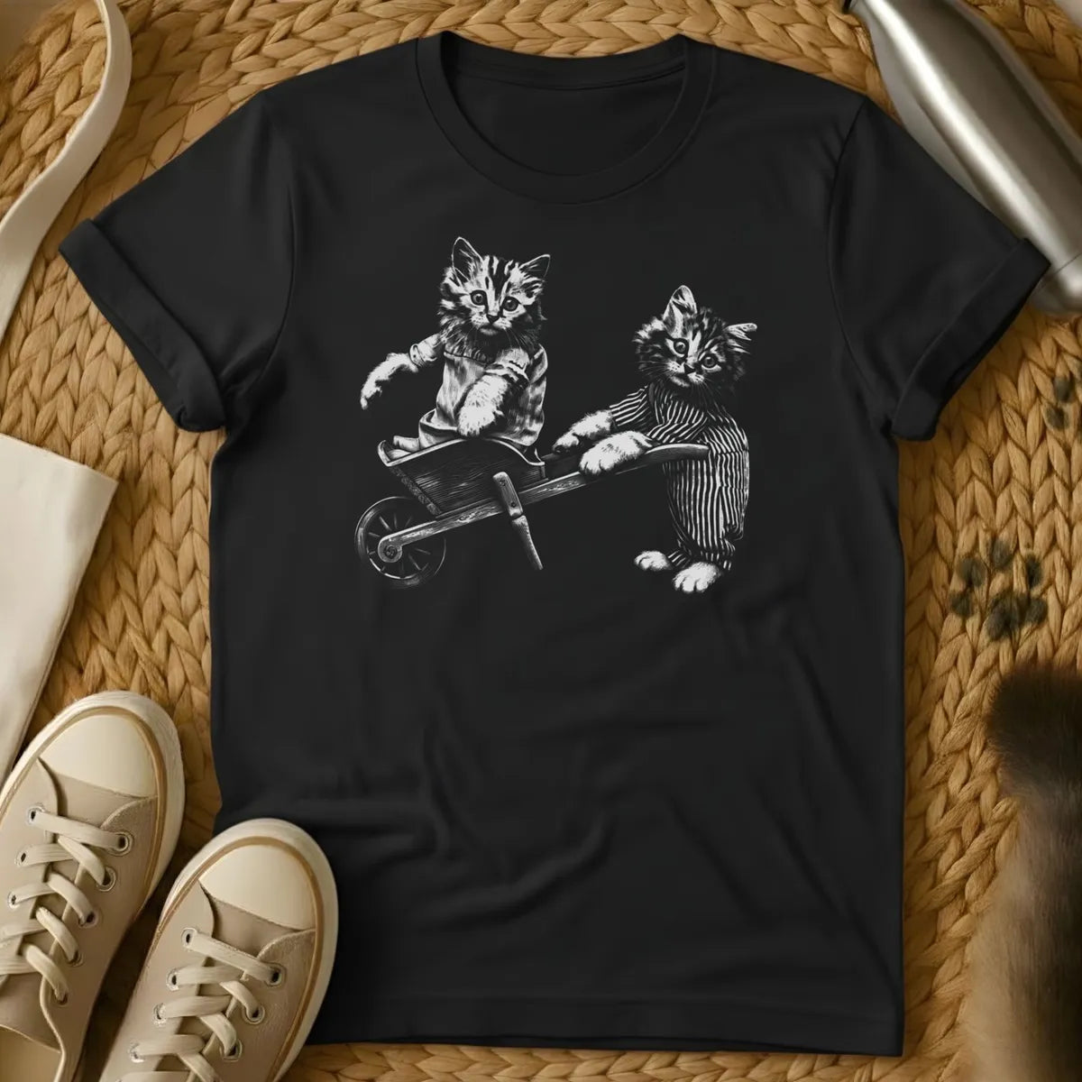 Black - Dark heather grey t-shirt with black and white vintage illustration of two suited kittens with a small wheelbarrow