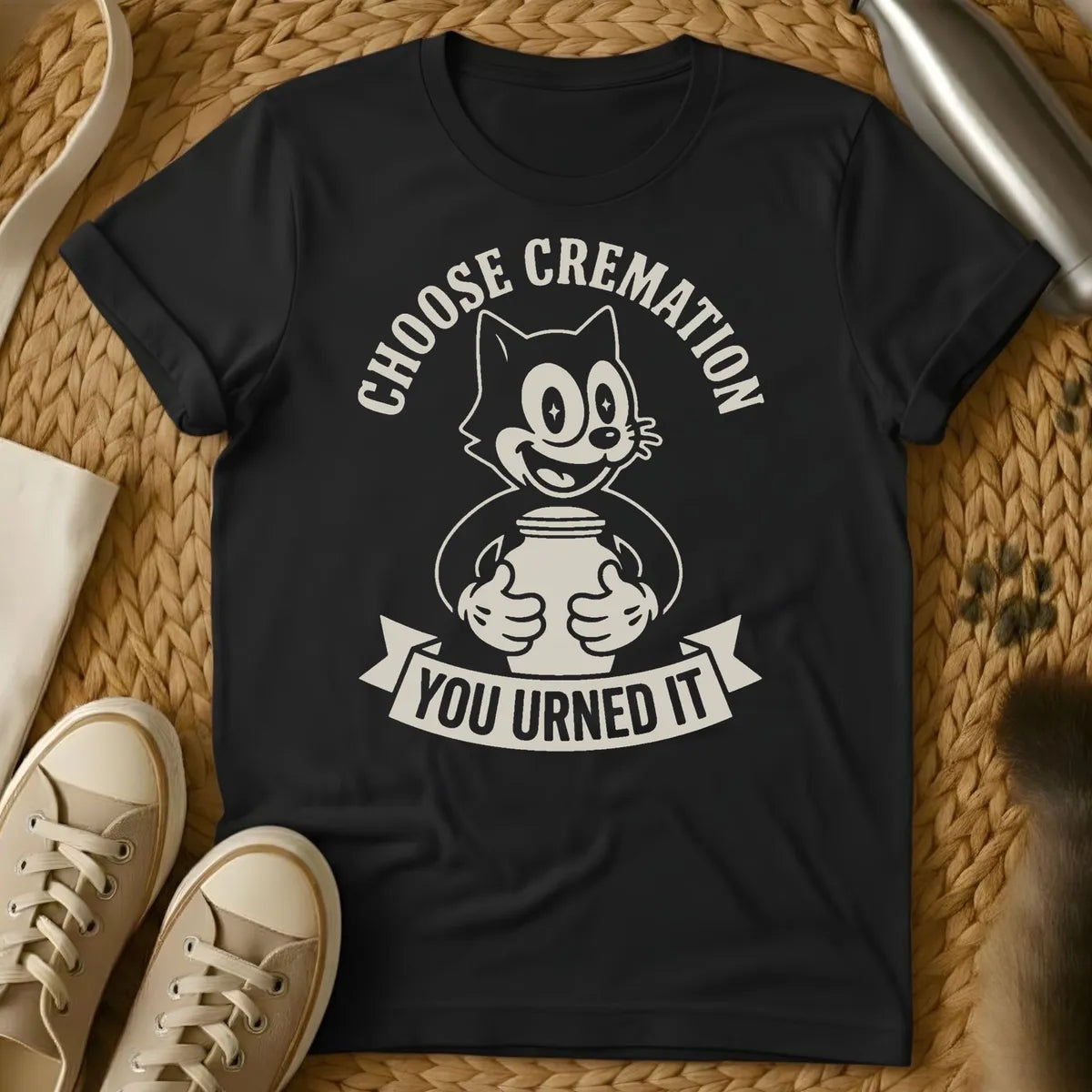 Black - Military green t-shirt with retro cartoon cat holding a cremation urn, arched text reading Choose Cremation and banner reading You Urned It
