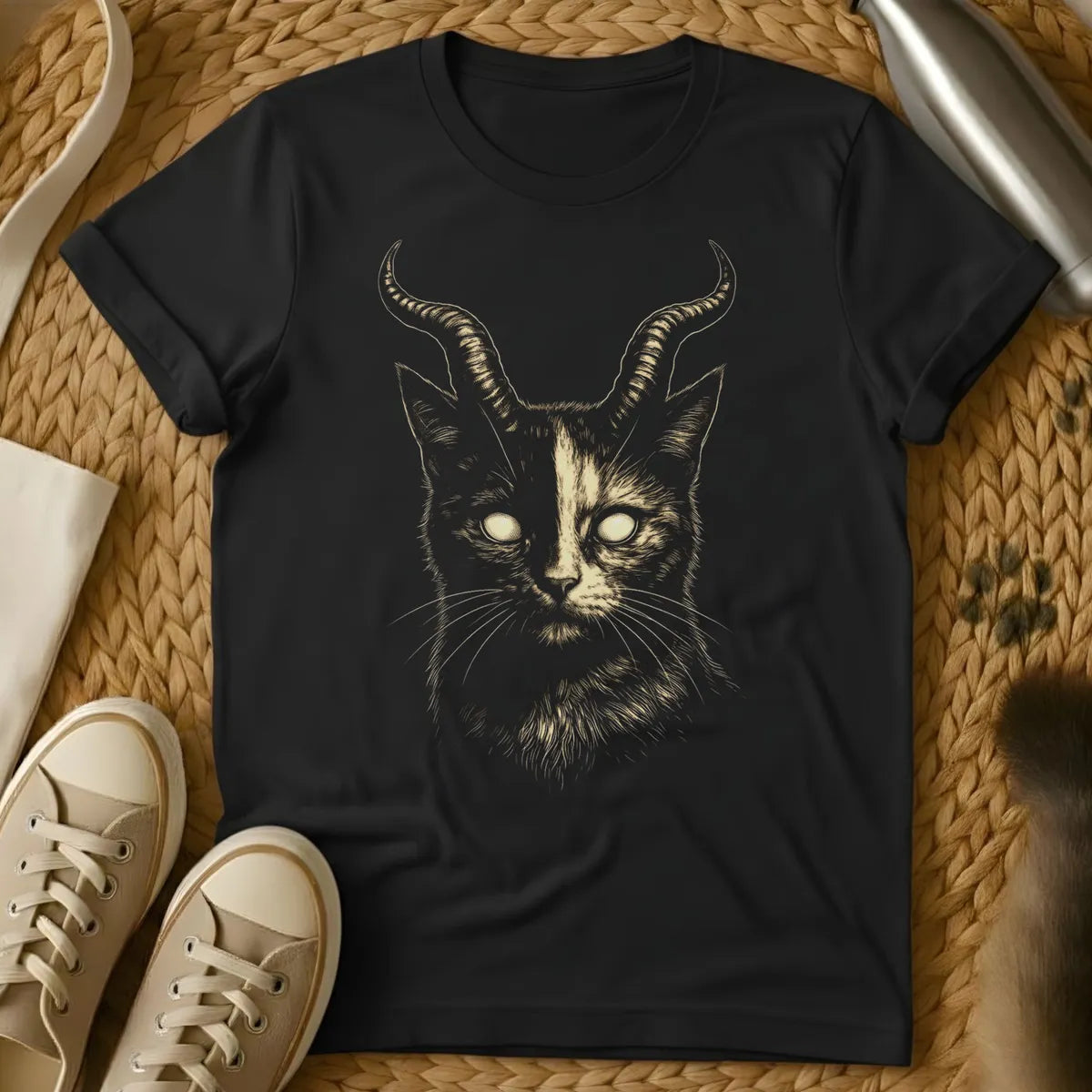 Black - Dark brown t-shirt featuring a mystical cat head with curved horns and glowing eyes in cream-colored ink illustration style