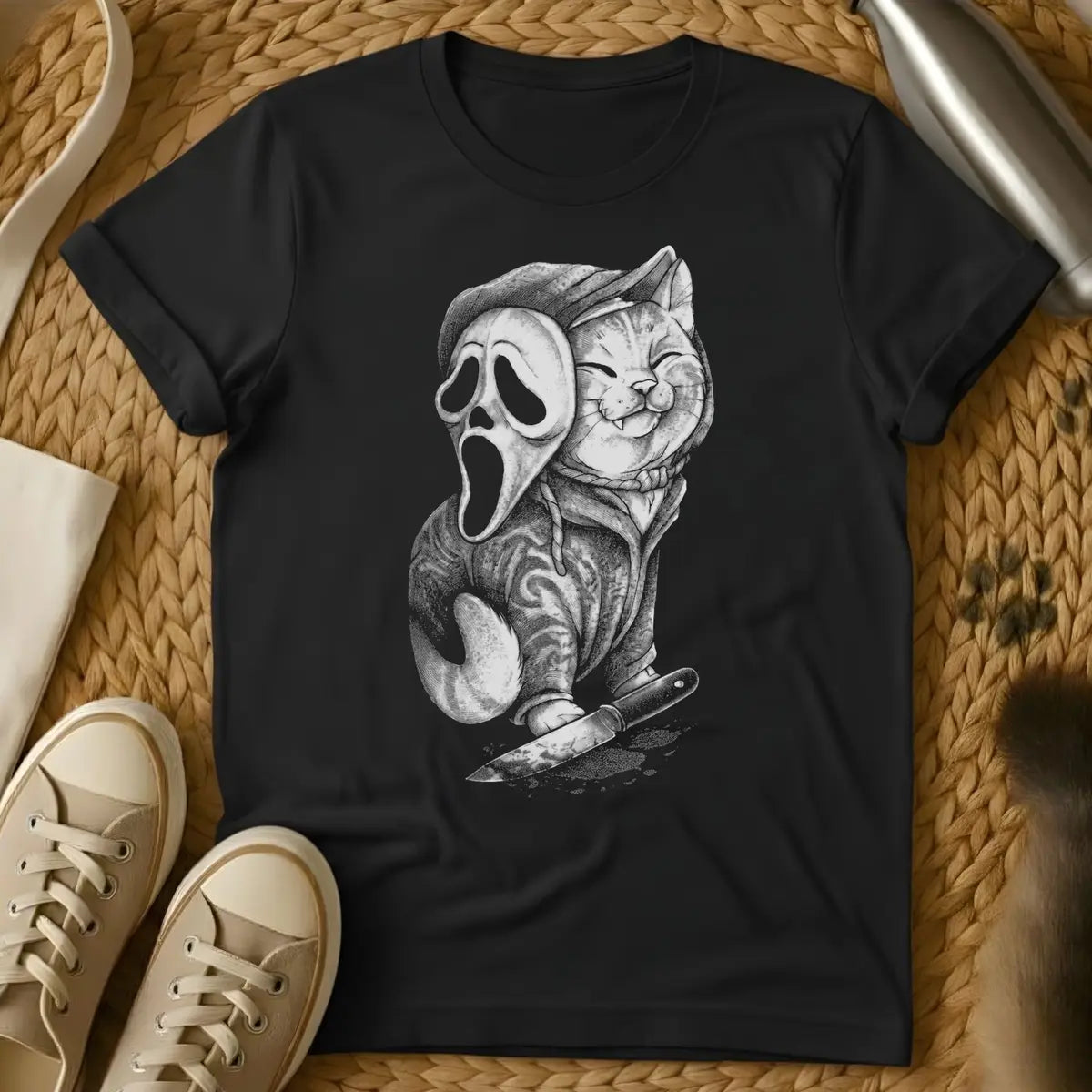 Black - Dark heather t-shirt with pencil art of a grinning cat lifting a ghost scream mask holding a bloody knife