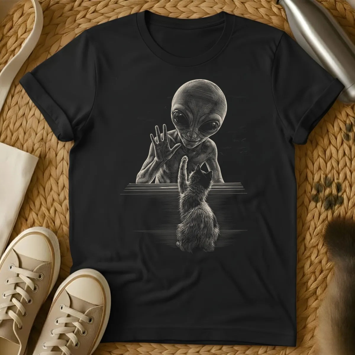 Black - Dark grey t-shirt with monochrome engraving of a grey alien and fluffy cat reaching toward each other across a flat surface