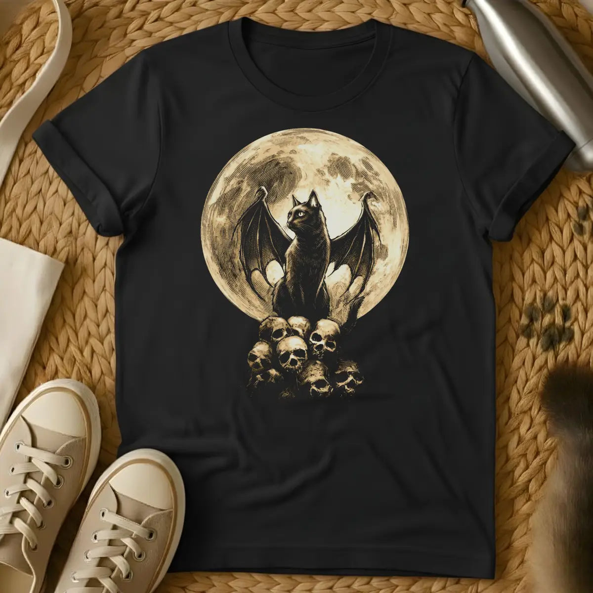 Black - Dark gray t-shirt with gothic bat illustration perched on skulls against a full moon backdrop, printed in cream and black tones